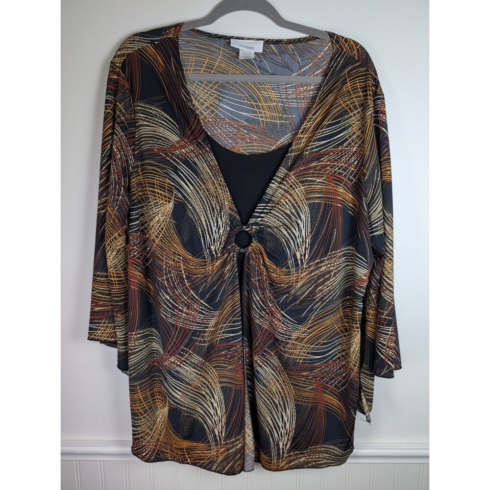 Dressbarn Tunic 3X Boho Ornate Peasant Top Bell Sleeve Brown Flowy Regencycore